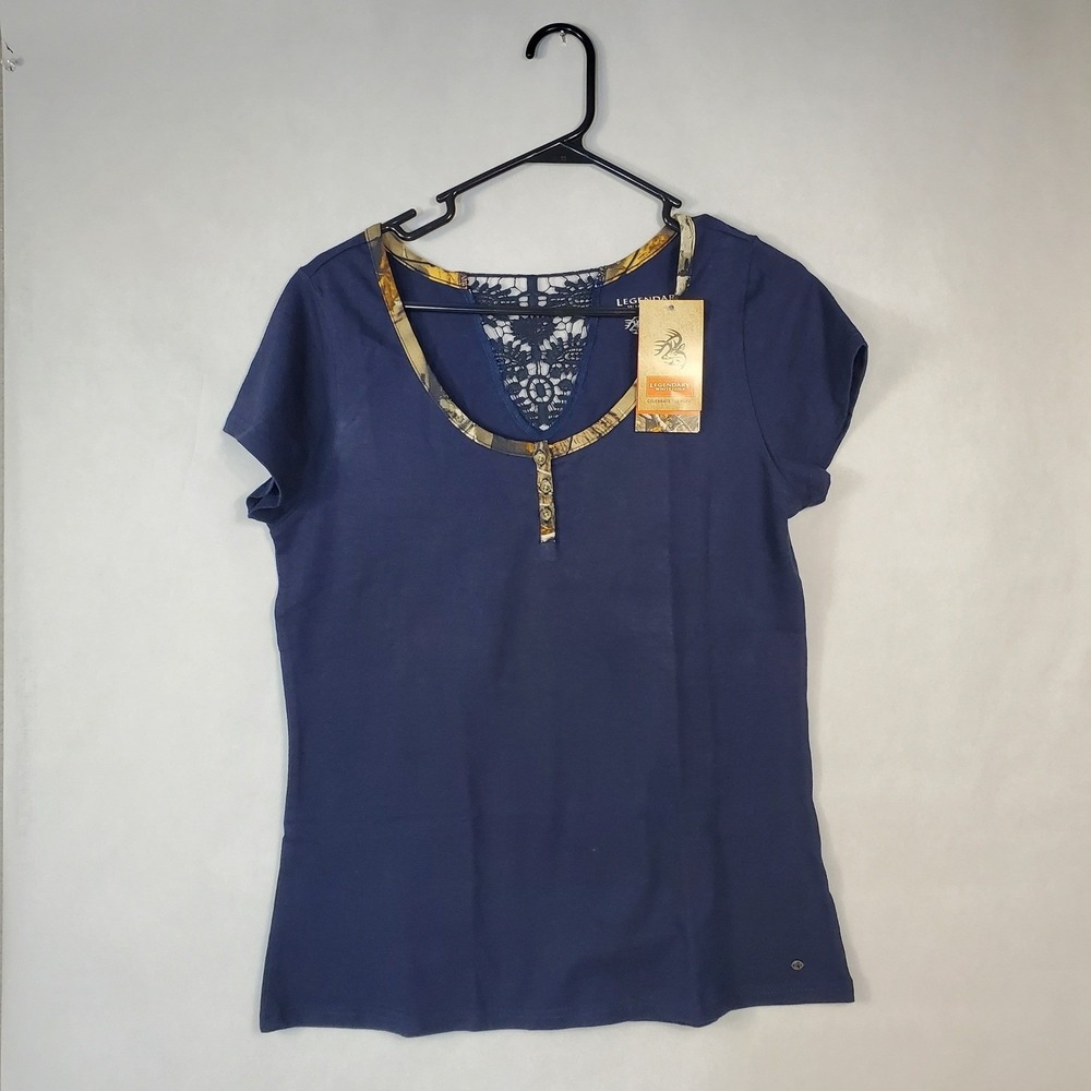 Legendary Whitetails Womens Red Rock Henley Navy Camo Lace Back Top Medium
